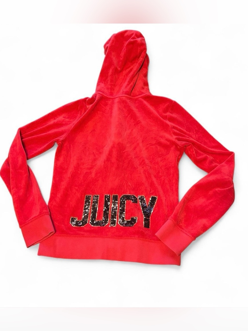 y2k juicy couture red velour zip up hoodie with black sequin logo on the back